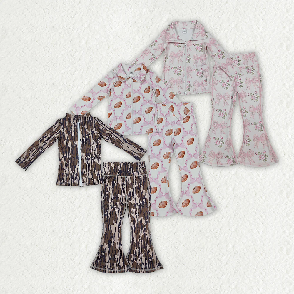 RTS NO MOQ Sibling baby girl clothes Rugby Pink Bow Patterned Yoga Zipper Long-Sleeved Top Pants sets