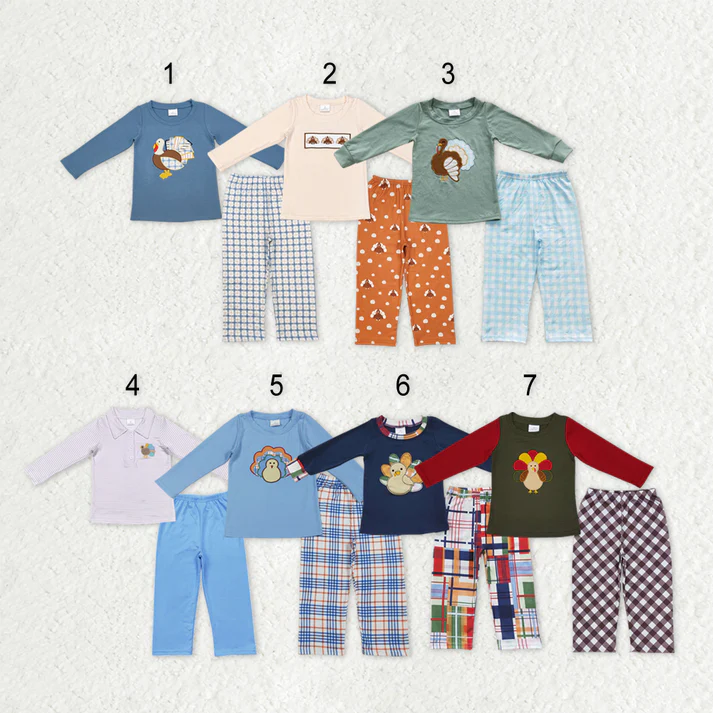 RTS NO MOQ Sibling Baby boy clothes Embroidery turkey long-sleeved trousers suits