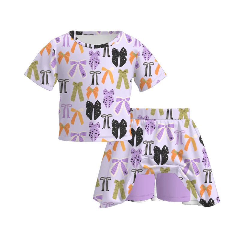 Custom moq 5 each style eta 6-7weeks baby girl bow purple short sleeve pants 1 and pants 2 and dress and shorts sets and top