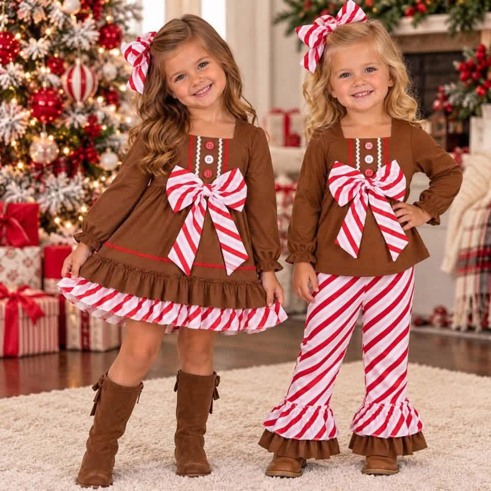 RTS NO MOQ Sibling milk silk Baby Girls Christmas Gingerbread Brown Top Pant Set Dress