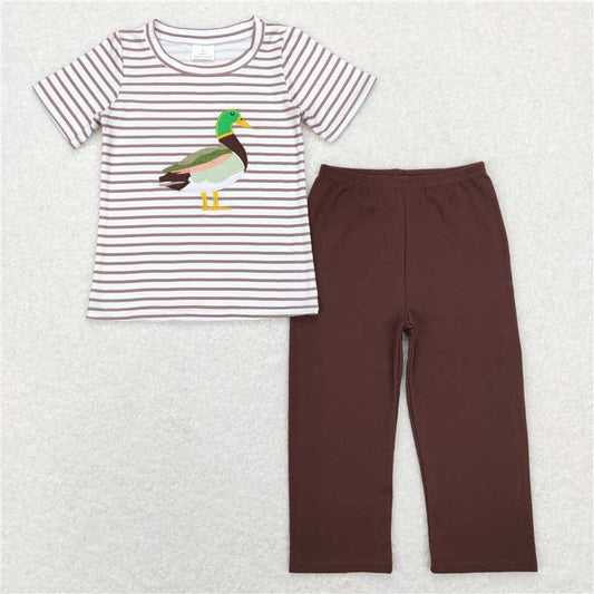 RTS NO MOQ（In Stock) BSPO0214 Embroidered duck short-sleeved blue and white plaid trousers suit