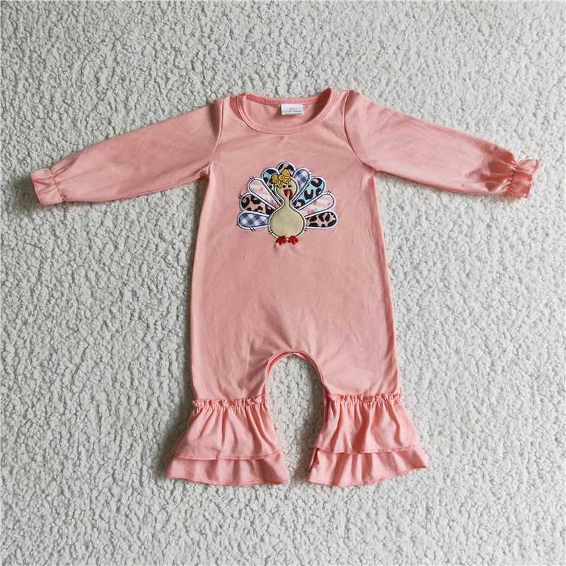 RTS NO MOQ（In Stock) LR0146 Embroidered turkey pink long-sleeved jumpsuit