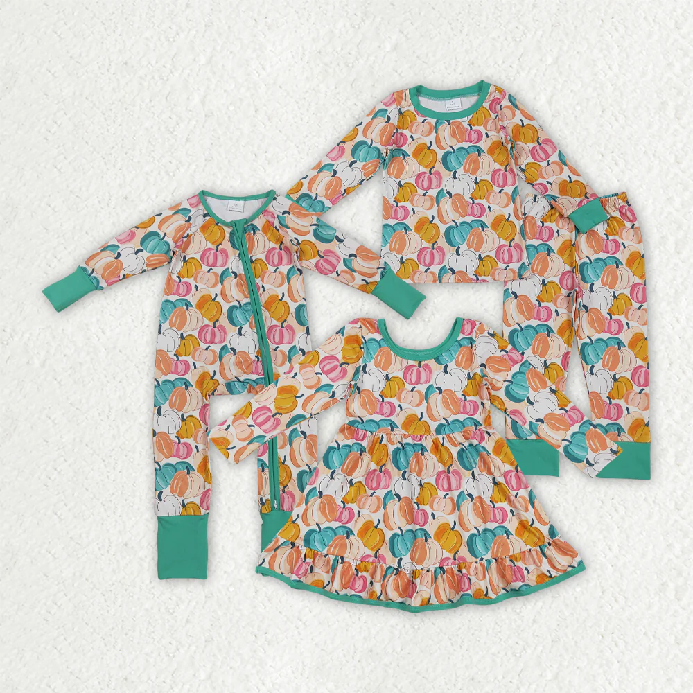 RTS Sibling baby girl boy clothes Halloween pumpkin long Sleeve pants sets and rompers and dress