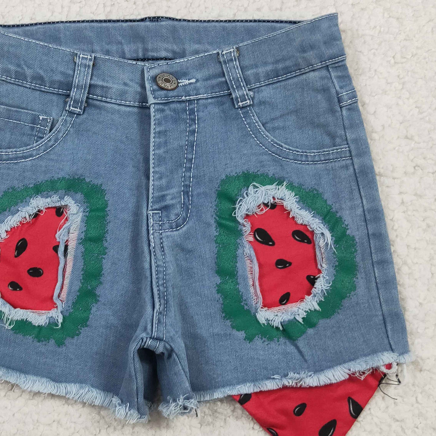 RTS NO MOQ milk silk SS0948 Baby Girls Watermelons Denim Shorts Bottom With Pockets