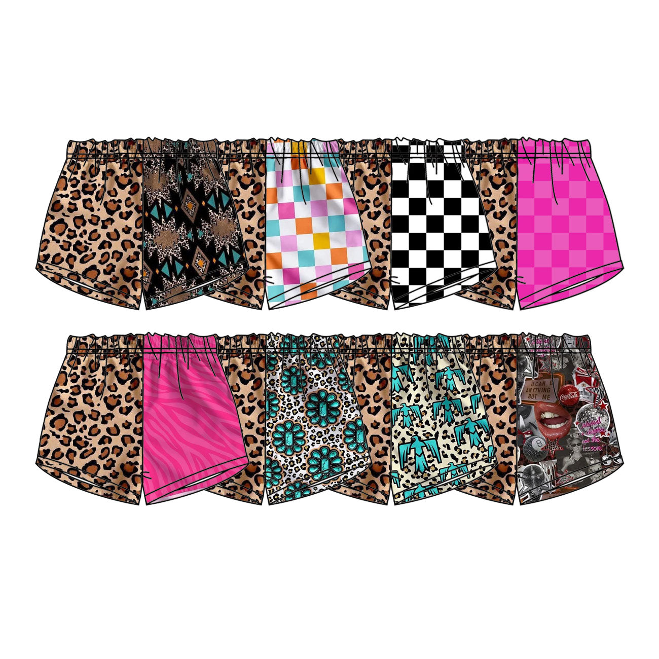 Custom moq 5 mix size milk silk Baby Girl's Western Turquoise Flower Leopard Print Elastic Waist Shorts