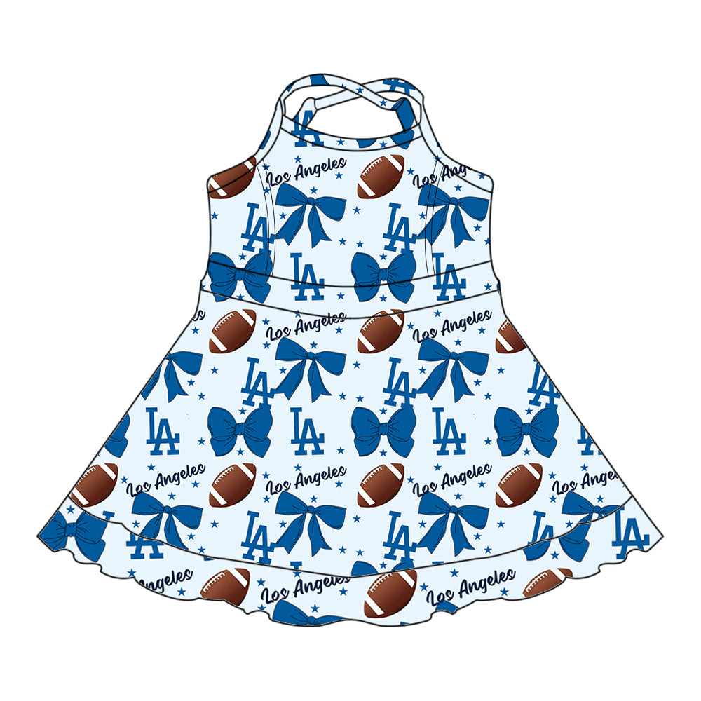 Custom moq 5 mix sizes summer teams baby girls clothes team baseball bow blue sleeveless dress-25.6.14