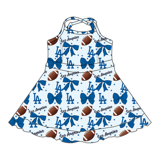 Custom moq 5 mix sizes summer teams baby girls clothes team baseball bow blue sleeveless dress-25.6.14