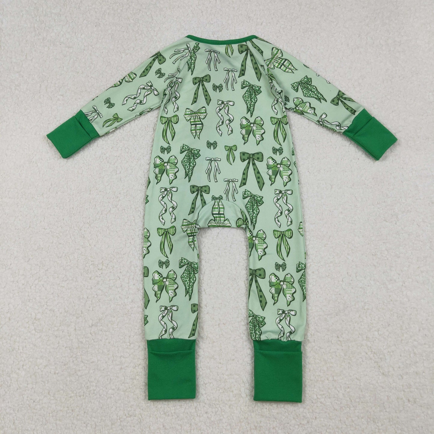 RTS NO MOQ（In Stock) LR2654 Green long-sleeved zip-up bodysuit with a bow pattern