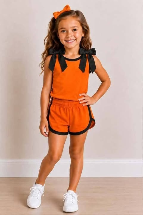 custom moq 5 mix size Baby Girls Orange Black Trim Bow Strap Sleeveless Tank Top And Shorts Two Piece Summer Outfit Set