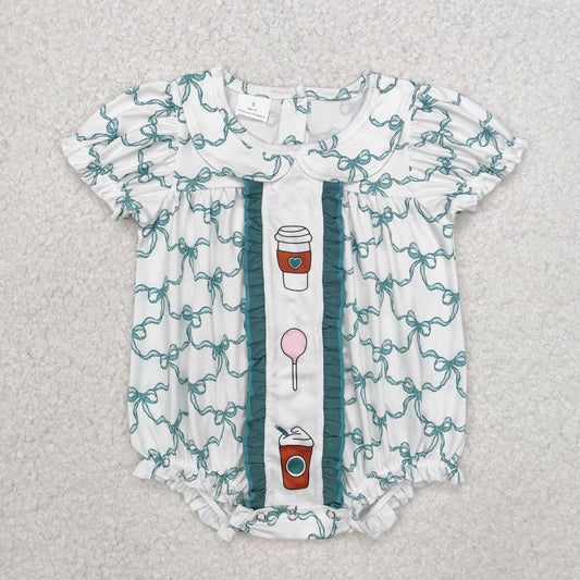 RTS NO MOQ ETA 5/7days arrived SR2281 Starbucks cup green bow pattern baby collar short-sleeved jumpsuit