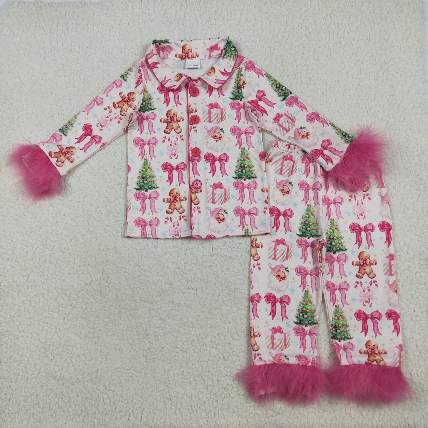 RTS NO MOQ（In Stock) GLP2375 Gingerbread man Christmas tree bow pattern pink plush edge long sleeve long pants pajama set