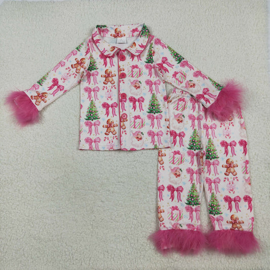 RTS NO MOQ（In Stock) GLP2375 Gingerbread man Christmas tree bow pattern pink plush edge long sleeve long pants pajama set