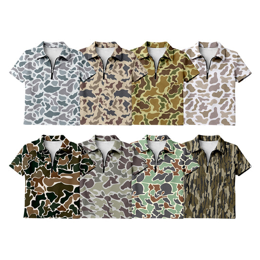 (Pre Order) No moq Baby Boys Southern Grey Camo Zipper Pullover Short Sleeve Top Toddler Boys Casual Comfortable Cotton Camouflage Top