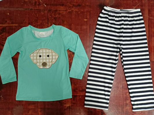 Custom moq 3 eta 6-7weeks Embroidered plaid puppy pattern lake green long-sleeved top and black and white striped straight pants set