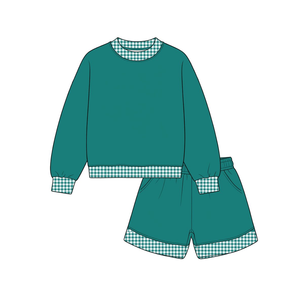 Custom moq 5 girls  Blank Cotton Fabric Sweatshirt Shorts Set Deep lake green sweatshirt and shorts set