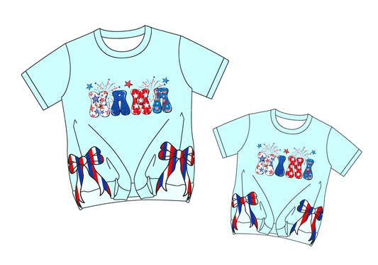 3.25 Custom moq 5 mix size Sibling Mom And Me Blue 4th of July Short-Sleeved Top Summer Clothing