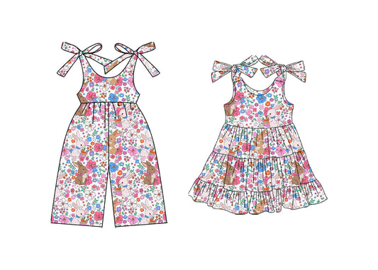 25.10.13 custom each style moq 5 eta 6-8week Sibling Sisters bunny floral baby girl long sleeve dress and jumpsuit match family design