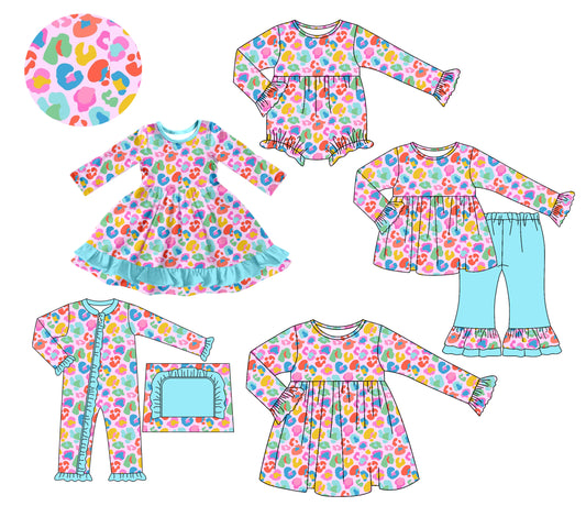 25.7.12 custom each style moq 5 eta 4-6week Sibling Sisters leopard baby girl long sleeve pants sets and romper 1 and romper 2 and dress 1 and dress 2 match family design