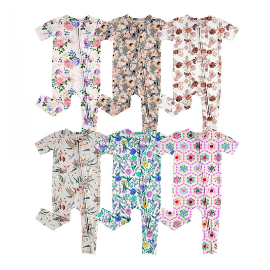 3.28 Custom moq 5 mix size Sibling Baby Girl's Floral Short-Sleeved Zipper Romper
