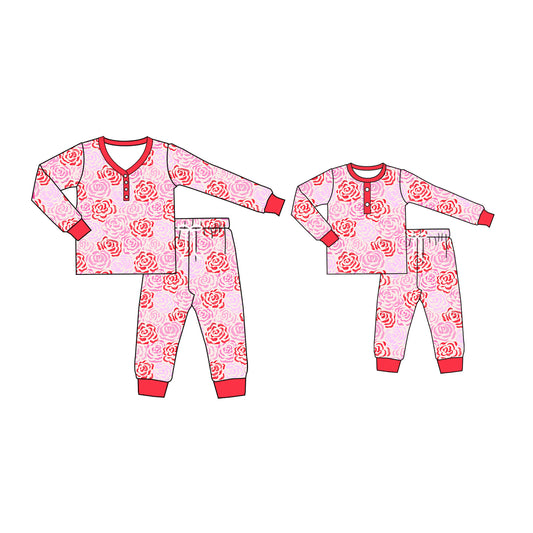 12.2 custom each style moq 5eta 4-6week Sibling Sister floral baby girls long sleeve pants sets and adult sets match design