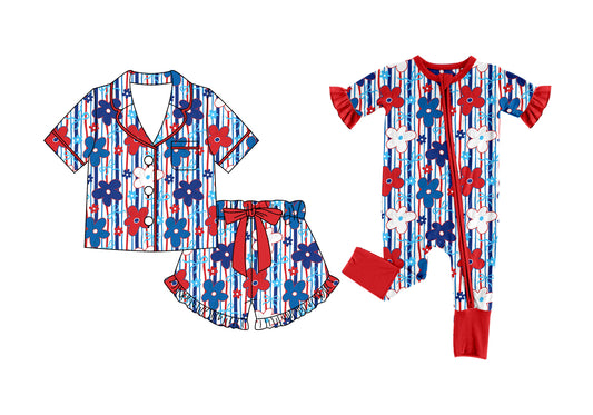 Custom moq 5 mix size Sibling Baby Girl Floral Print Striped Short-Sleeved Pajamas Romper with Shorts 4th of July Sleepwear for Infants