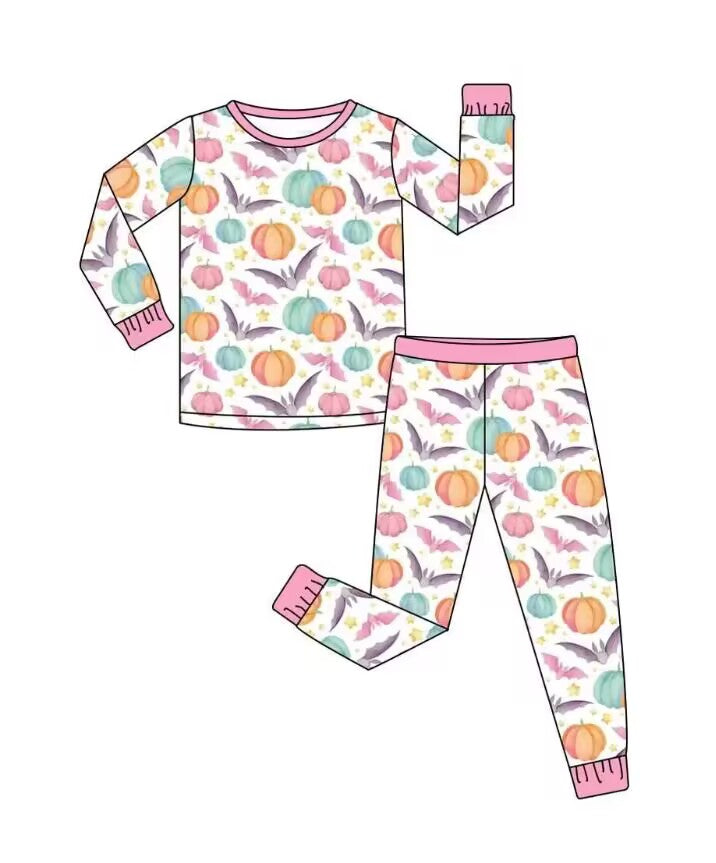 5.9custom each style moq 5eta 4-5week Sibling Sister Halloween pumpkin bat prints pink girls and boys outfits and baby rompers match family design