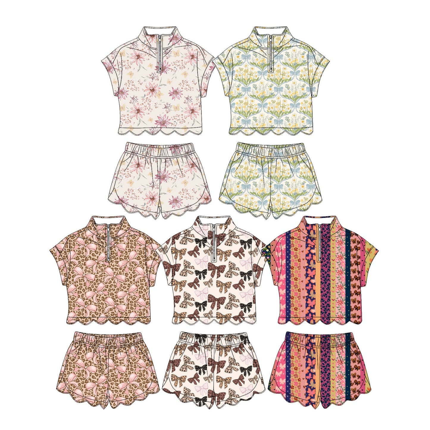 4.3 Custom moq 5 mix size Sibling Baby Girl's Bows Flowers Zip Top Short Scallop Clothes Set