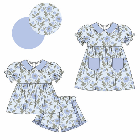 2.15 custom each style moq 5eta 4-6week Sibling Sister floral baby girl short sleeve shorts sets and dresses match design