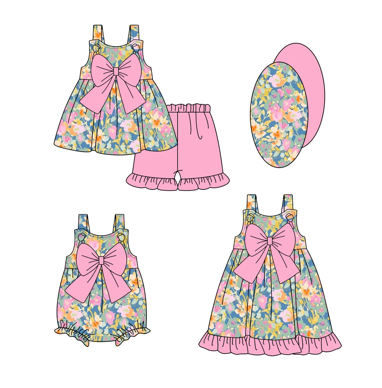 3.26 custom each style moq 5eta 4-6week Sibling Sisters floral baby girl short sleeve shorts sets and dress and rompers match family design