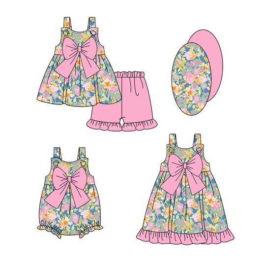 3.26 custom each style moq 5eta 4-6week Sibling Sisters floral baby girl short sleeve shorts sets and dress and rompers match family design