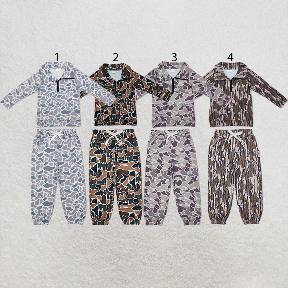 RTS NO MOQ Sibling milk silk Baby Boys Camo Print Long Sleeve Zip Pocket Pullover Matching Jogger Pant Two Piece Clothes Set