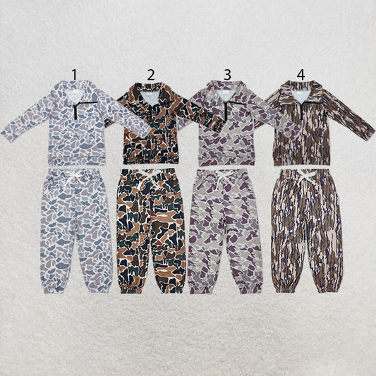 RTS NO MOQ Sibling milk silk Baby Boys Camo Print Long Sleeve Zip Pocket Pullover Matching Jogger Pant Two Piece Clothes Set