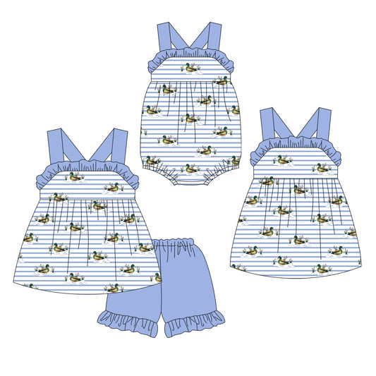 3.27 custom each style moq 5eta 4-6week Sibling Sisters duck baby girl short sleeve shorts sets and dress and rompers match family design