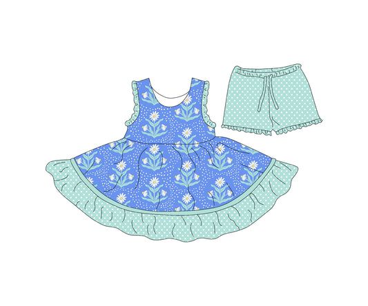 4.15 custom each style moq 5eta 4-6week Sibling Sister floral blue baby girls clothes Short sleeve dress and shorts match family design