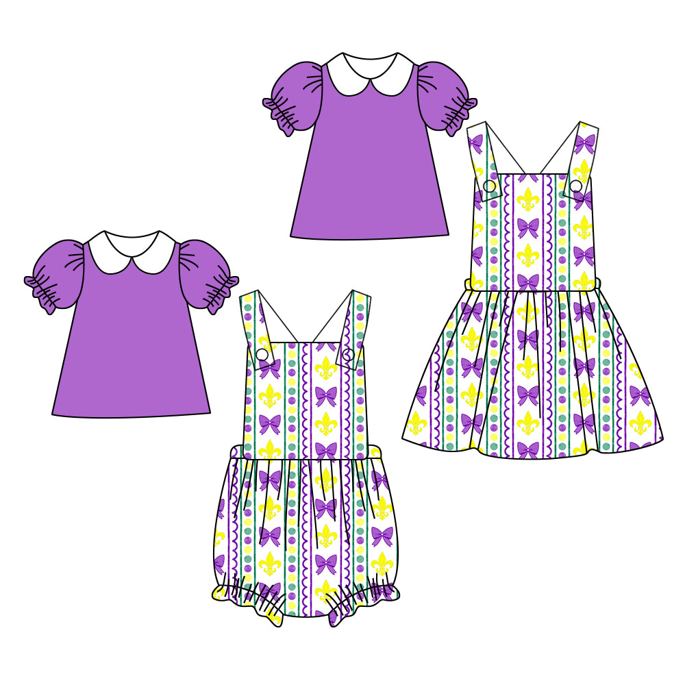 25.10.14 custom each style moq 5 eta 6-8week Sibling Sisters mardi gras bow baby girl short sleeve top and rompers and dress match family design