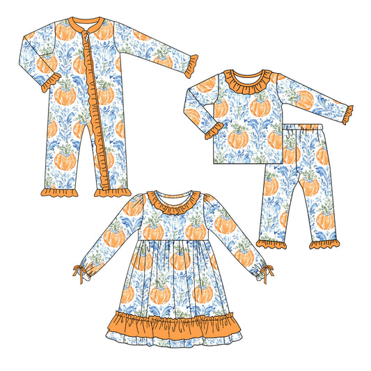 25.6.13 custom each style moq 5eta 4-6week Sibling Sisters pumpkin baby girl long sleeve pants sets and dress and rompers match family design