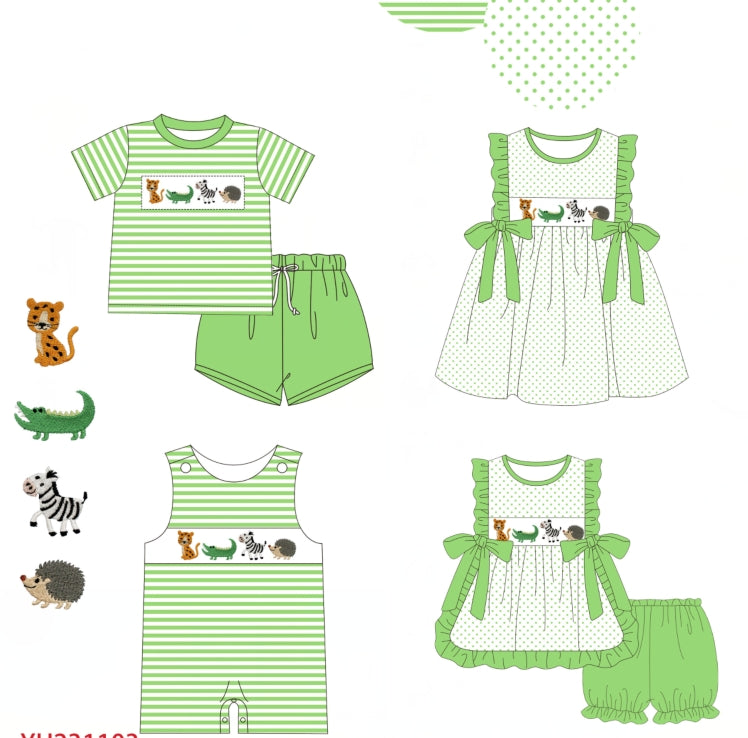 5.18custom each style moq 5eta 4-5week Sibling Sister animal print green girls and boys outfits and baby romper match family design