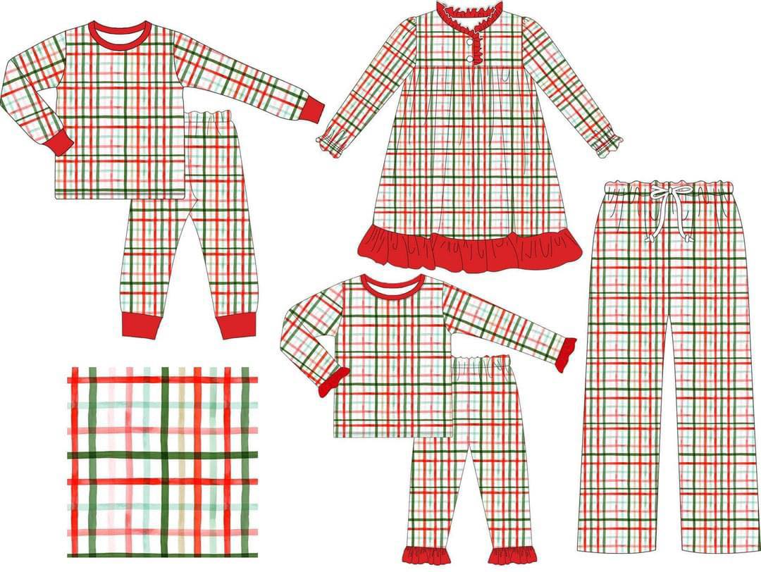 5.20custom each style moq 5eta 4-5week Sibling Sister Multicolor line grid red girls and boys outfits and baby romper and dress match family design