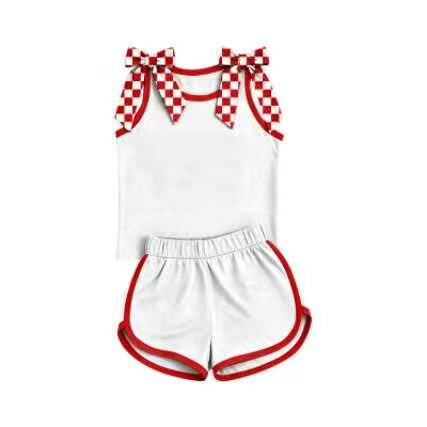 custom moq 5 mix size Baby Girls White Sleeveless Tank Top With Checkered Bows Shorts Summer Clothes Set