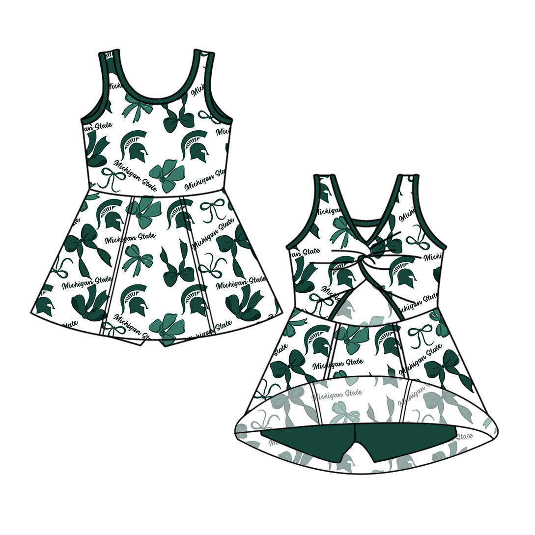 Custom moq 5 mix size milk silk summer teams Baby Girls Green Bow Vest Top Skirt Shorts Sets Sleeveless Knee Length Dresses Yoga Shorts Yoga Active Outfit