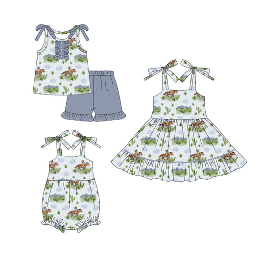 4.18 custom each style moq 5eta 4-6week Sibling Sisters riding horse catcus baby girl short sleeve shorts sets and dress and rompers match family design