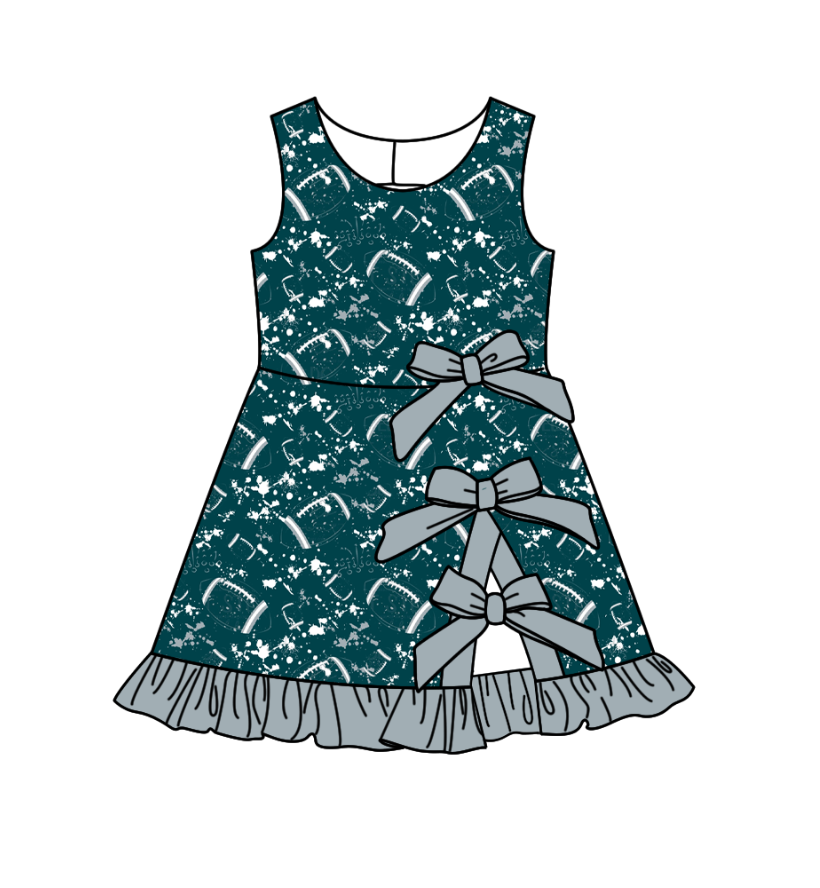 Custom moq 5 mix size milk silk summer teams Baby Girls Sleeveless Football Print Bow Ruffle Yoga Knee Length Dresses
