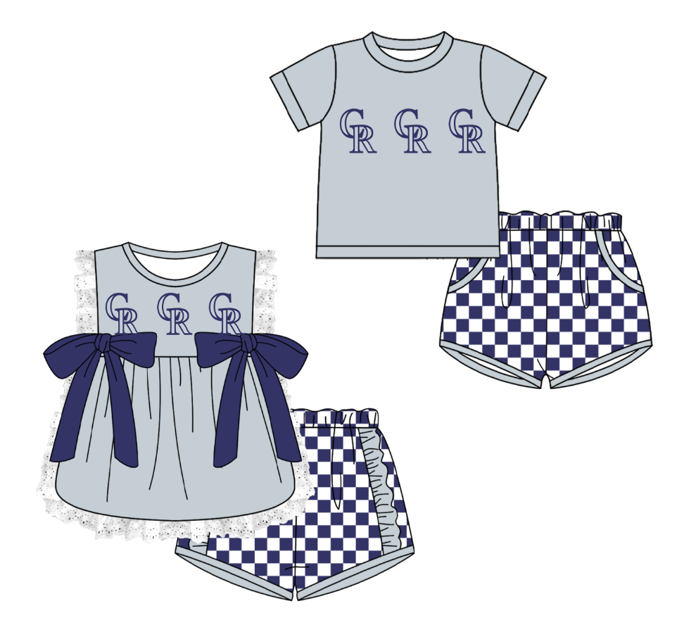 Custom moq 5 mix size milk silk summer teams Grey  Girl Sleeveless Top And Plaid Shorts Set with Bow Boy Short Sleeved Top And Plaid Shorts Set