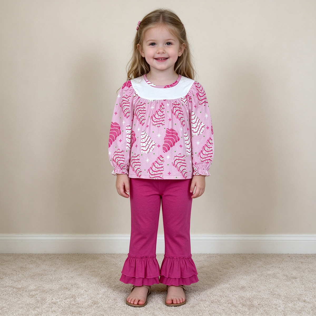 NEW RTS NO MOQ milk silk GLP2502 Baby Girls Cute Pink Long Sleeves Stripe Trees Tunic Ruffle Pants Christmas Set