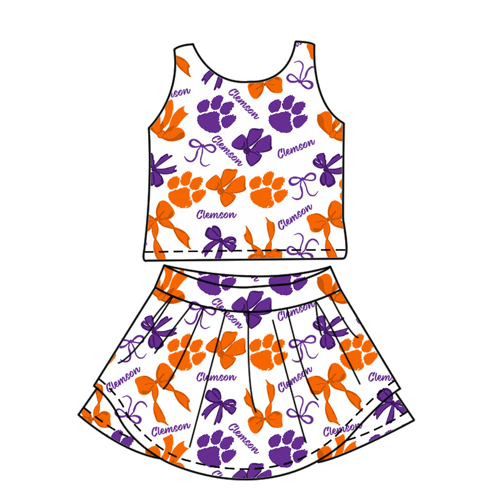Custom moq 5 mix size milk silk summer teams Baby Girls Purple Orange Bow Vest Top Skirt Shorts Sets Sleeveless Yoga Knee Length Dresses Yoga Shorts