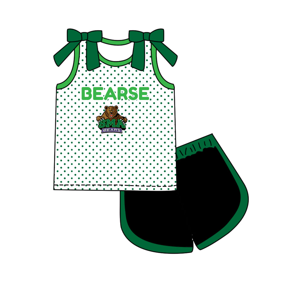 Custom moq 5 mix size milk silk summer teams Girls Green Polka Dot Top Shorts Set Top Skirt Short Set Zipper Pullover Jogger Pants Set