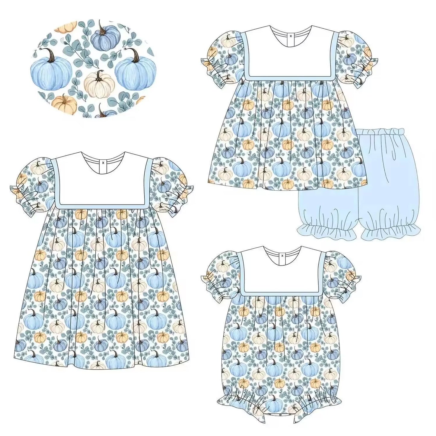 5.11custom each style moq 5eta 4-5week Sibling Sister pumpkin grass prints blue girls set and baby romper and dress match family design