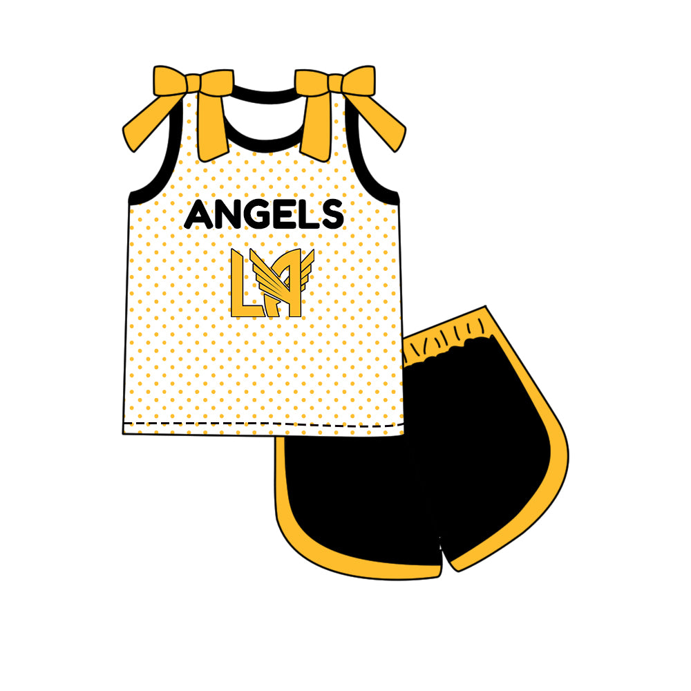 Custom moq 5 mix size summer teams Girls Polka Dot Top Shorts Set Yellow Top Skirt Short Set Zipper Pullover Pants Set