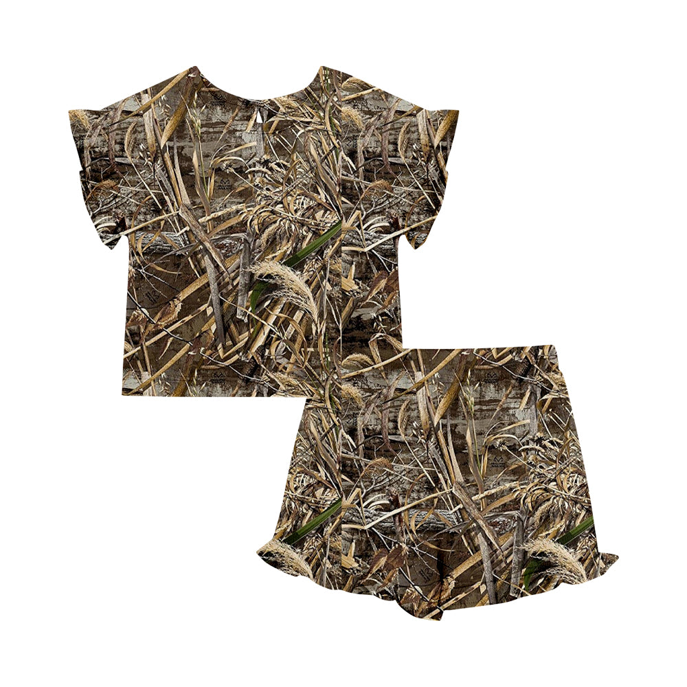 Custom moq 5 mix size Sibling Baby Girl Dead Leaf Camouflage Short-Sleeved Top And Shorts Set Cute  Clothing for Little Ones