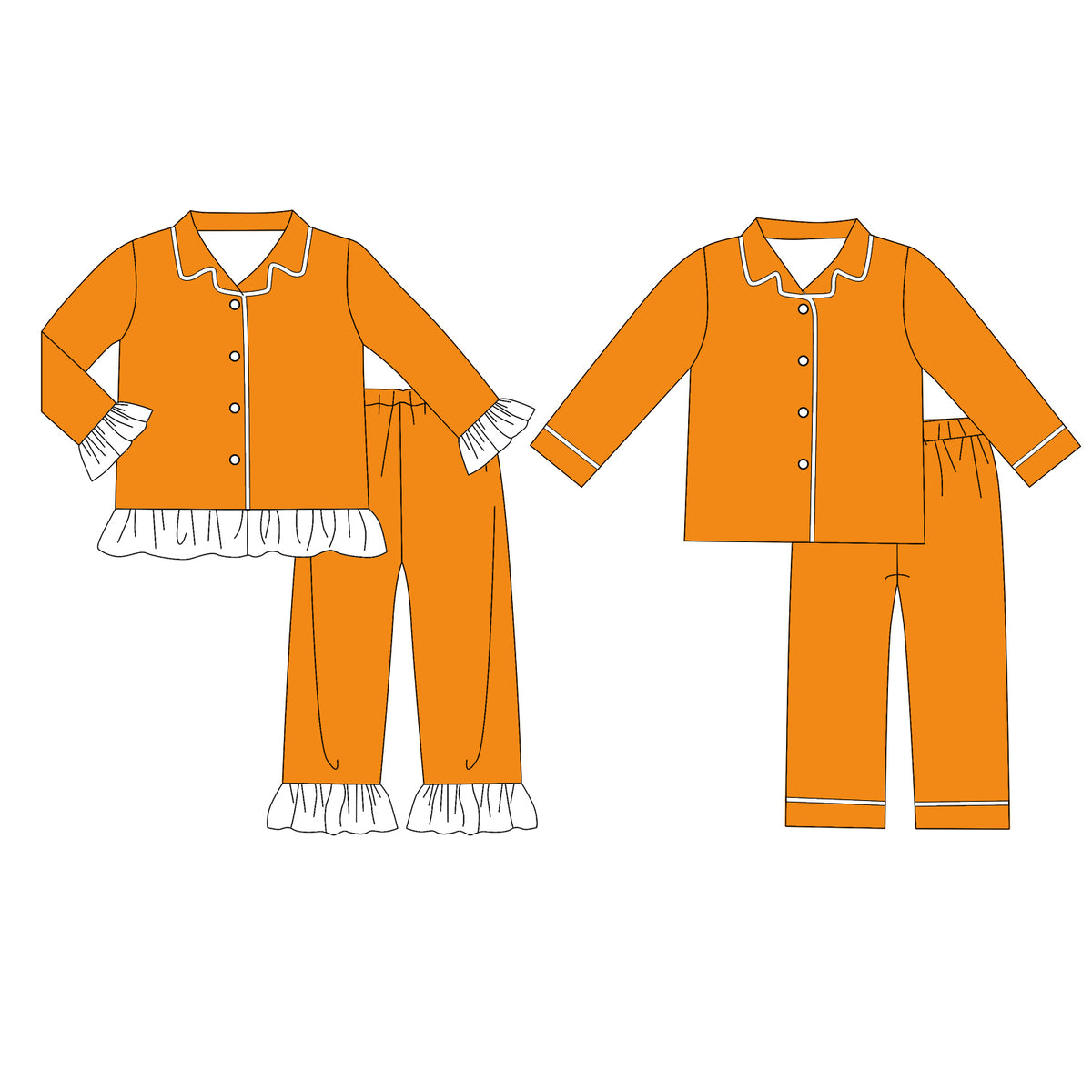 custom moq 5 mix size Baby Boys And Girls Orange Collared Button Down Long Sleeve Top Pant Pajama Set White Ruffle Trim Sleepwear